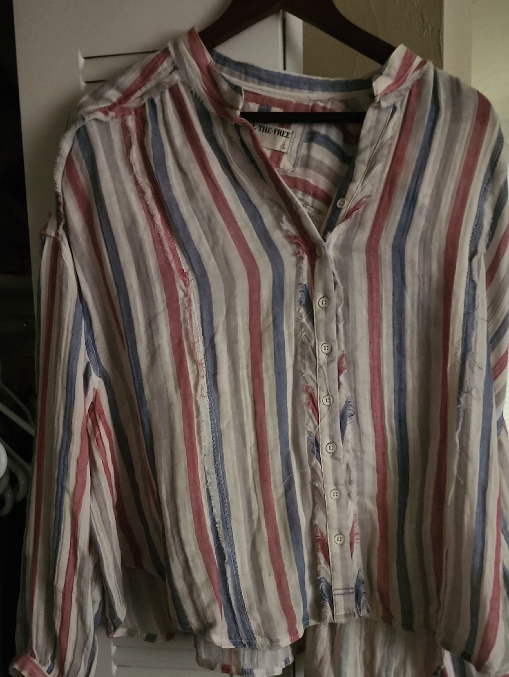 Striped Button-Front Womens Shirt - Red, Blue & Cream